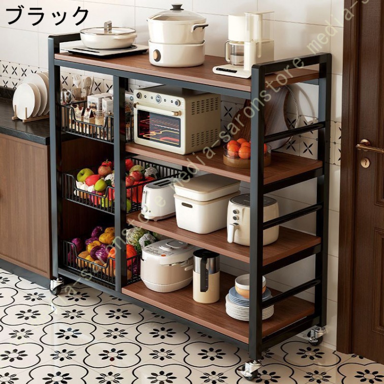 キッチンワゴン 幅120 間仕切り キッチンカウンター 高耐荷重 レンジラック キッチンラック スチールラック レンジ台 キッチン 収納 炊飯器 バスケット付き_2