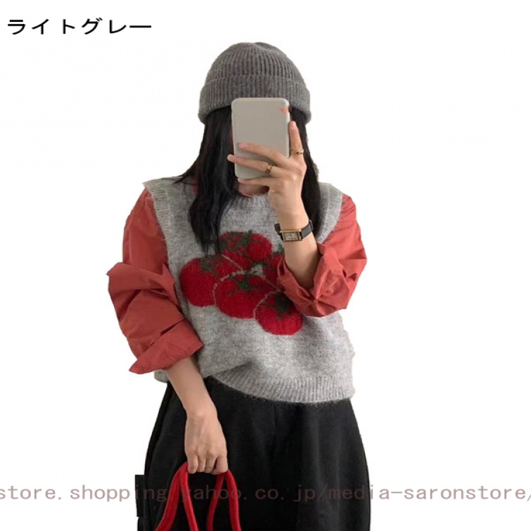 ベスト レディース ニットチョッキ 袖なし 丸首 重ね着風 クルーネック