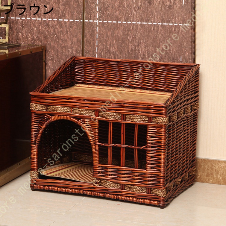 猫ハウス ドーム型 ペットベッド 藤編み ラタンキャットハウス 二階 猫