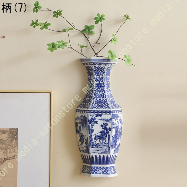 壁掛け 青花 陶器花瓶 和モダン インテリア リビング アンティーク風花器 富貴竹 ラッキーバンブー 玄関 廊下 空間演出 ウォールアート ホームデコレーション_2