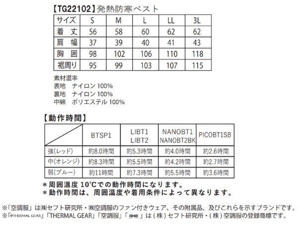 空調服(R) 2021年 THERMALGEAR サーマルギア TG22102 発熱防寒ベスト