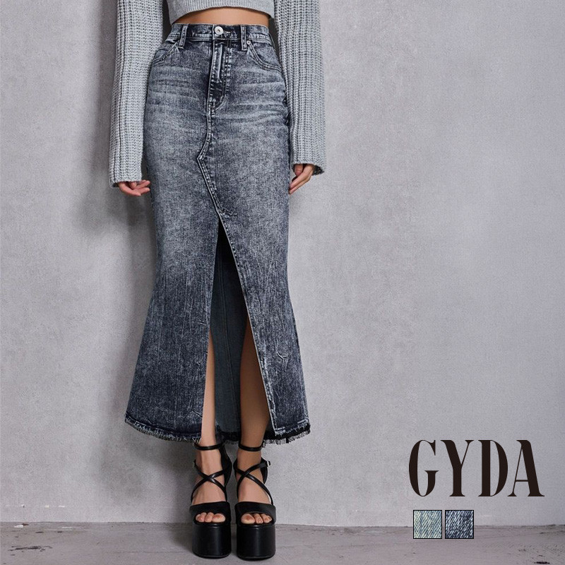 d.i.a. ダイヤ ダメージ 加工 アッシュ ブラック デニム スカート 灰 GYDA（ジェイダ） ハイウエストHEM LACEマーメイドデニムスカート