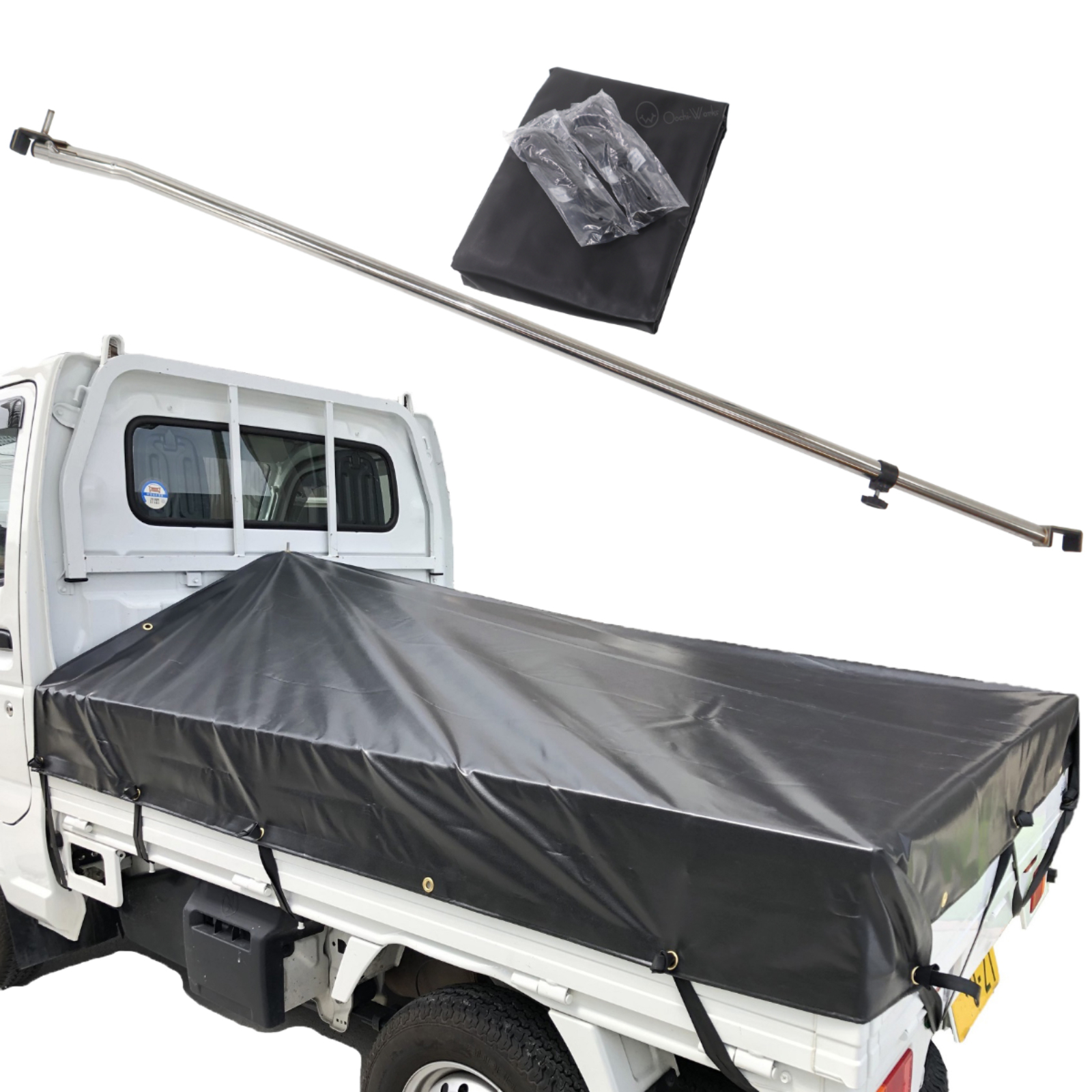 トラックシート 軽トラ用 ステンレス伸縮式荷台ポールセット スロープ型 コードゴム4ｍ×2本付き 標準荷台軽トラック用 エステル帆布 荷台シート |  | 02