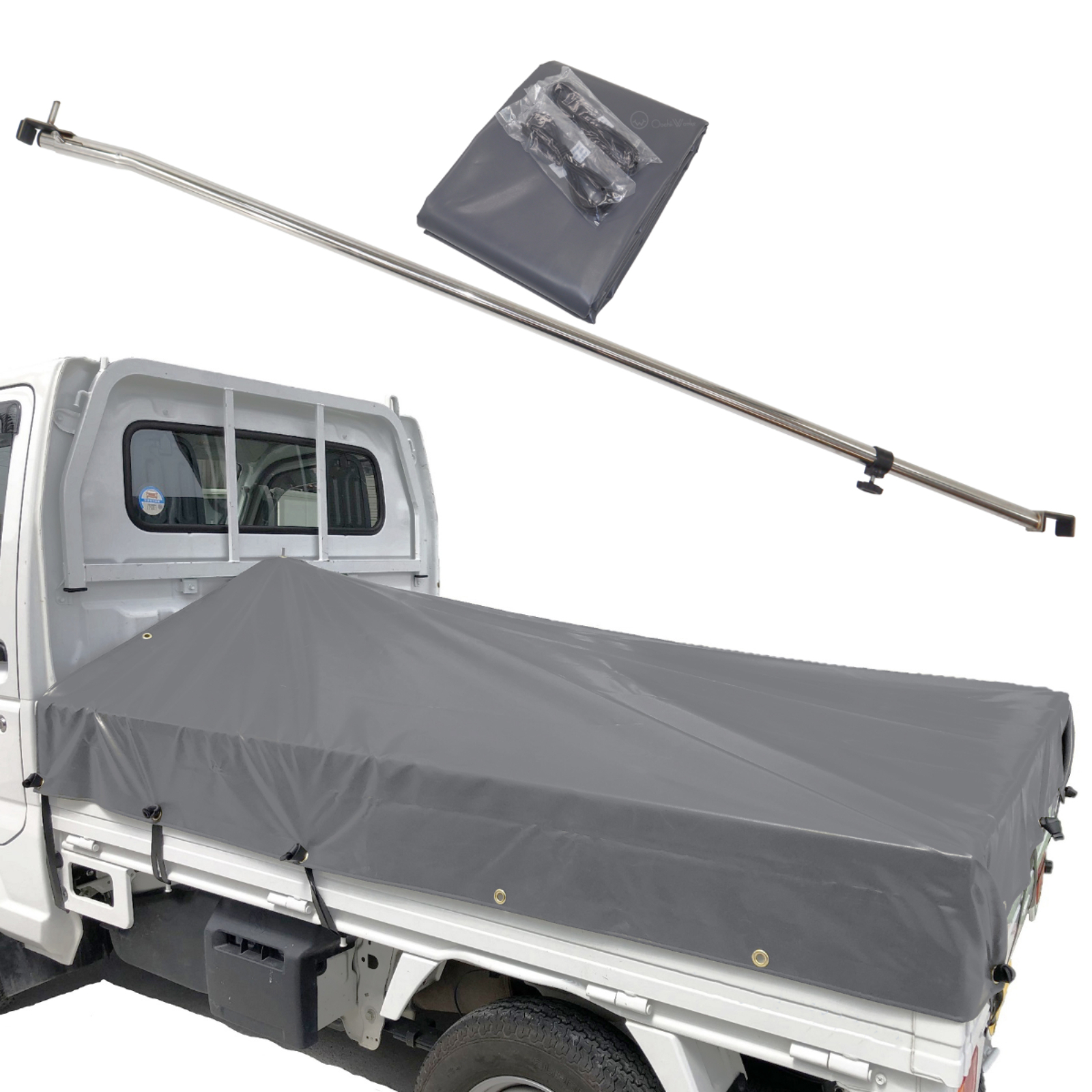 トラックシート 軽トラ用 ステンレス伸縮式荷台ポールセット スロープ型 コードゴム4ｍ×2本付き 標準荷台軽トラック用 エステル帆布 荷台シート |  | 03