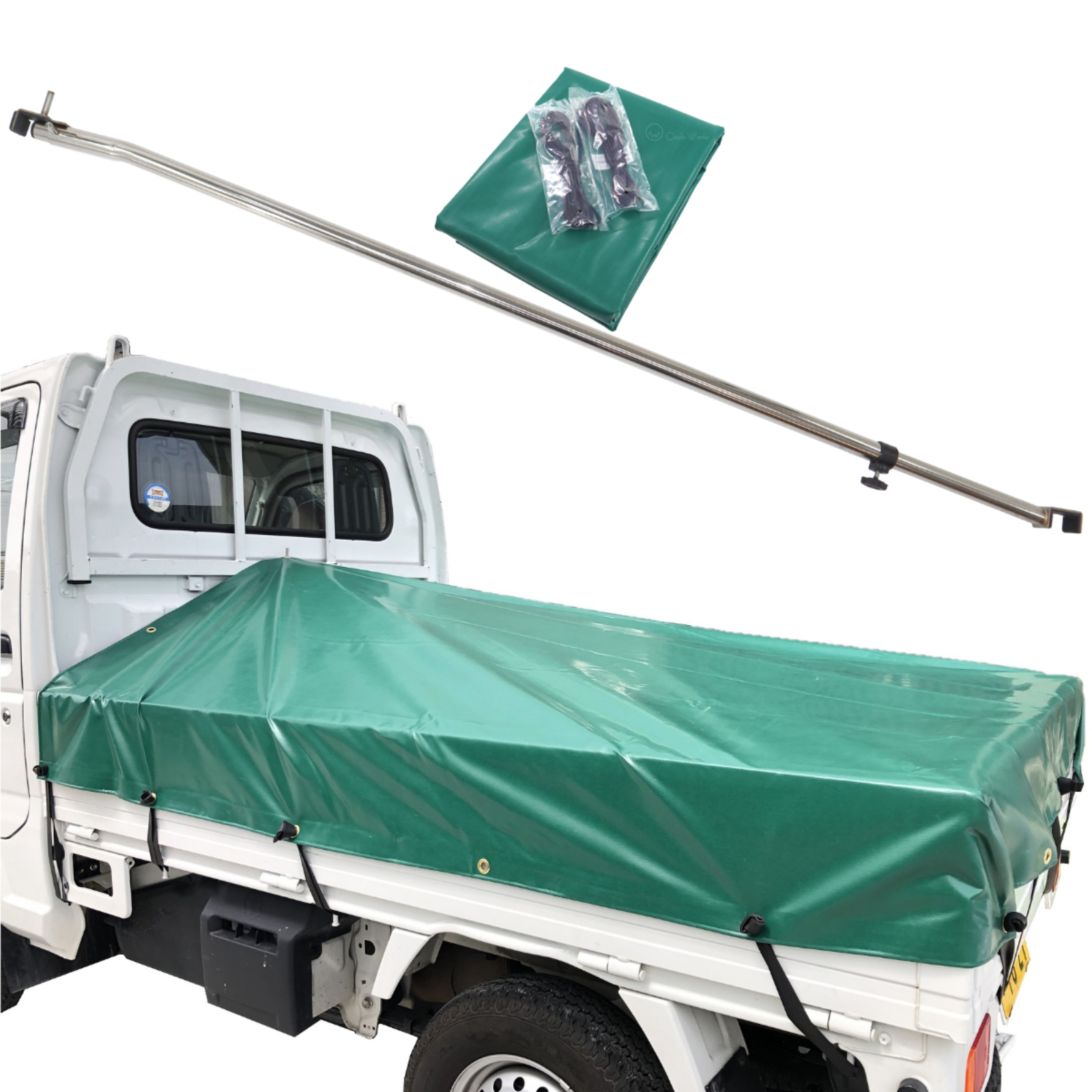 トラックシート 軽トラ用 ステンレス伸縮式荷台ポールセット スロープ型 コードゴム4ｍ×2本付き 標準荷台軽トラック用 エステル帆布 荷台シート |  | 01