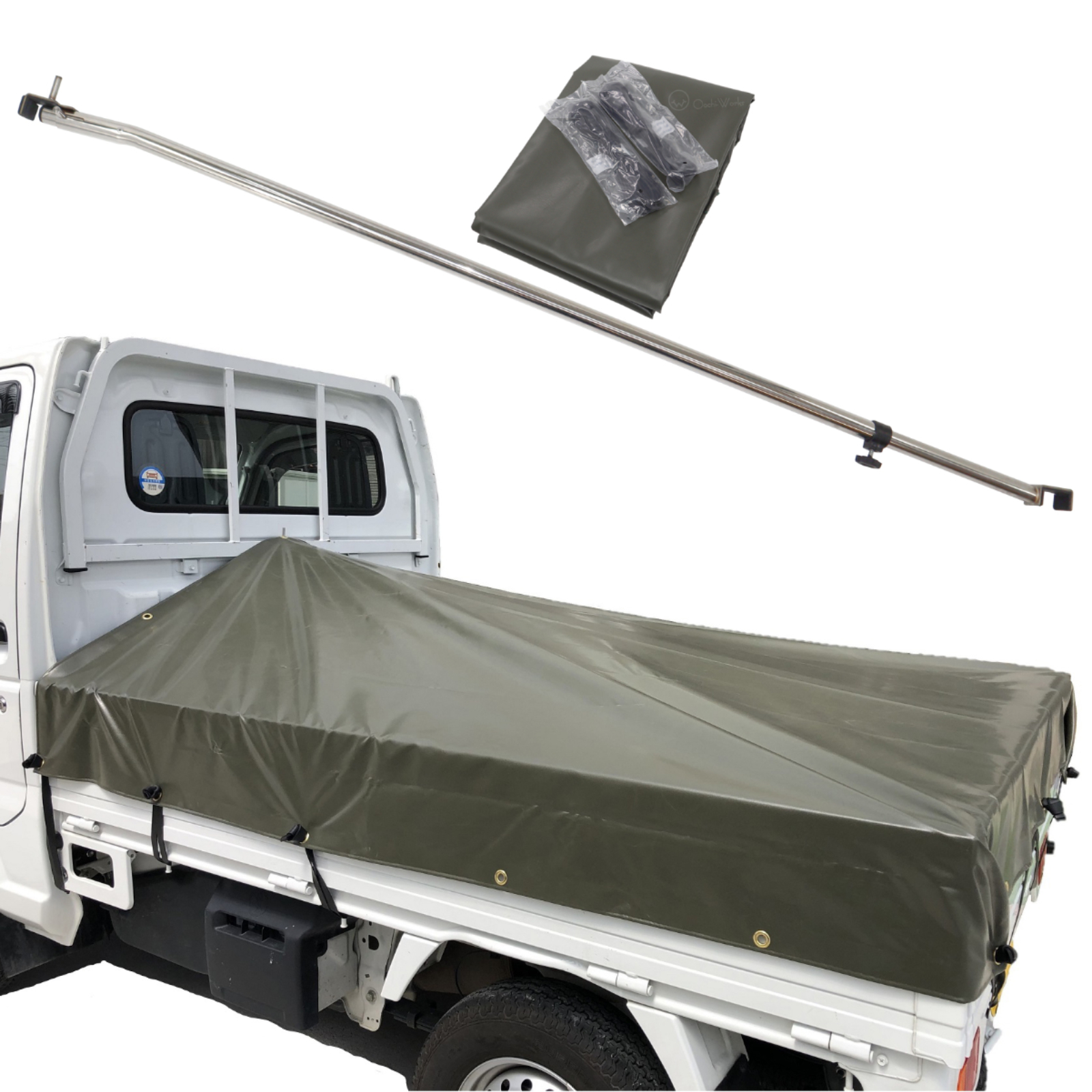 トラックシート 軽トラ用 ステンレス伸縮式荷台ポールセット スロープ型 コードゴム4ｍ×2本付き 標準荷台軽トラック用 エステル帆布 荷台シート |  | 04