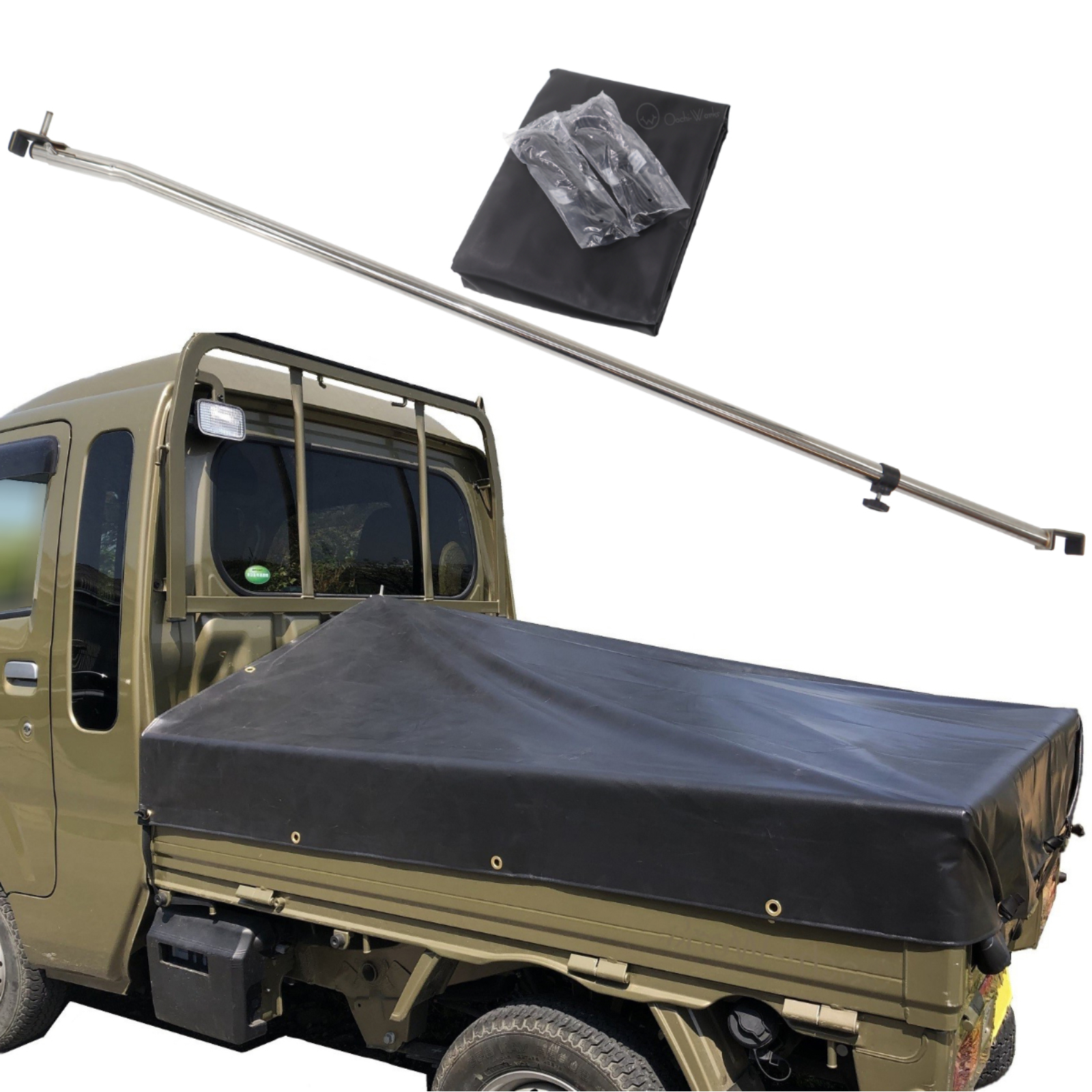 トラックシート ハイゼットジャンボ用シート ステンレス伸縮式荷台ポールセット スロープ型 コードゴム4ｍ×2本付き エステル帆布トラックシート 荷台シート |  | 02