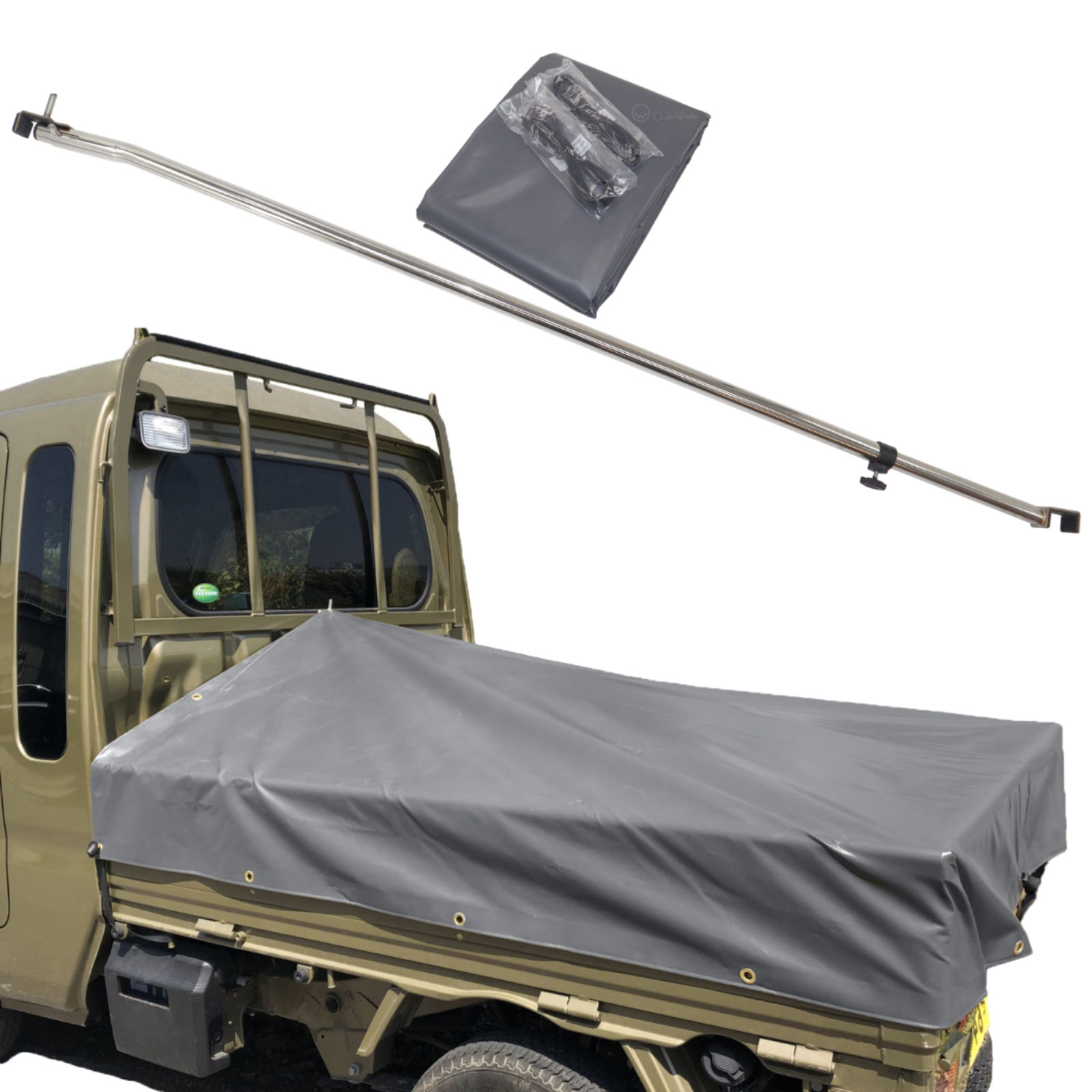 トラックシート ハイゼットジャンボ用シート ステンレス伸縮式荷台ポールセット スロープ型 コードゴム4ｍ×2本付き エステル帆布トラックシート 荷台シート |  | 03