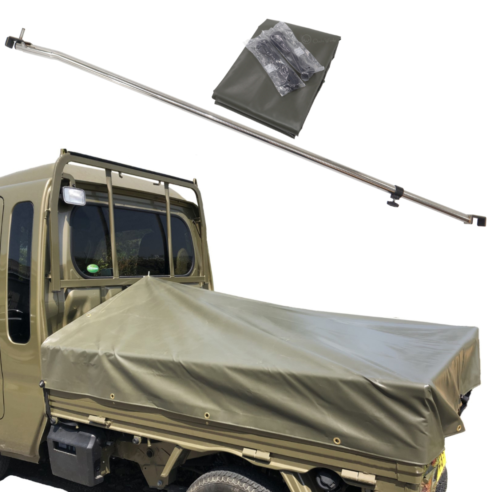 トラックシート ハイゼットジャンボ用シート ステンレス伸縮式荷台ポールセット スロープ型 コードゴム4ｍ×2本付き エステル帆布トラックシート 荷台シート |  | 04