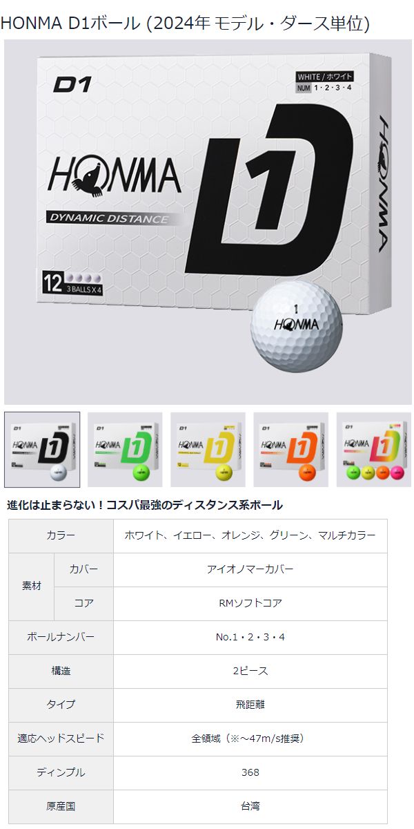 2024年最新モデル　本間ゴルフ　HONMA D1 　6ダース　ホワイト ボール,HONMA D1ボール (2024年モデル・ダース単位) | HONMA直営