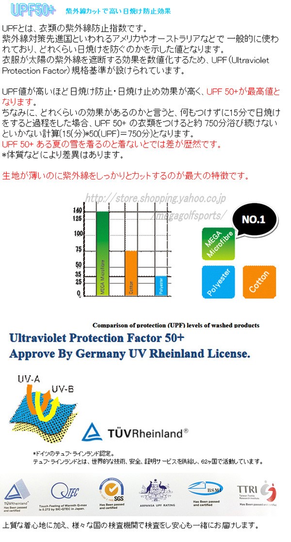 メンズ フレンチ スリーブ 体感温度 -3° UPF 50+ メガゴルフ 夏の雪 フレンチスリーブ インナー シャツ UV-M704 Series 機能性ウェア ネコポス 対応｜megagolfsports｜07