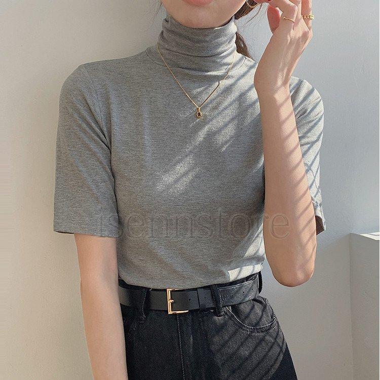 tシャツ レディース 春夏 半袖 タートルネック ハイネック  無地 カットソー ス uvカット 柔か インナー 伸縮性 薄手 5分袖 |  | 03