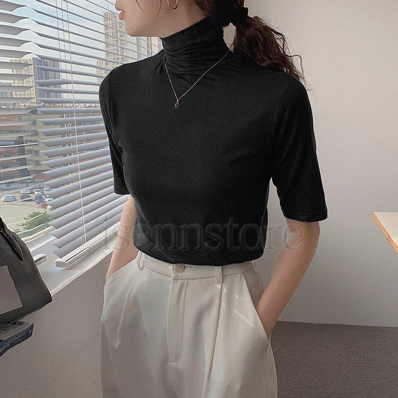 tシャツ レディース 春夏 半袖 タートルネック ハイネック  無地 カットソー ス uvカット 柔か インナー 伸縮性 薄手 5分袖 |  | 07