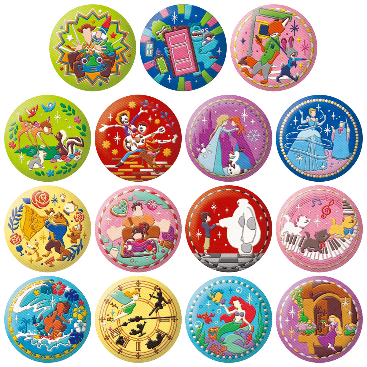 【超希少・2000個限定】2000年発売 ディズニー ビッグ缶バッジ 7種セット BOX〕バンダイ Disney Characters 刺繍缶バッジビスケット2 12個入
