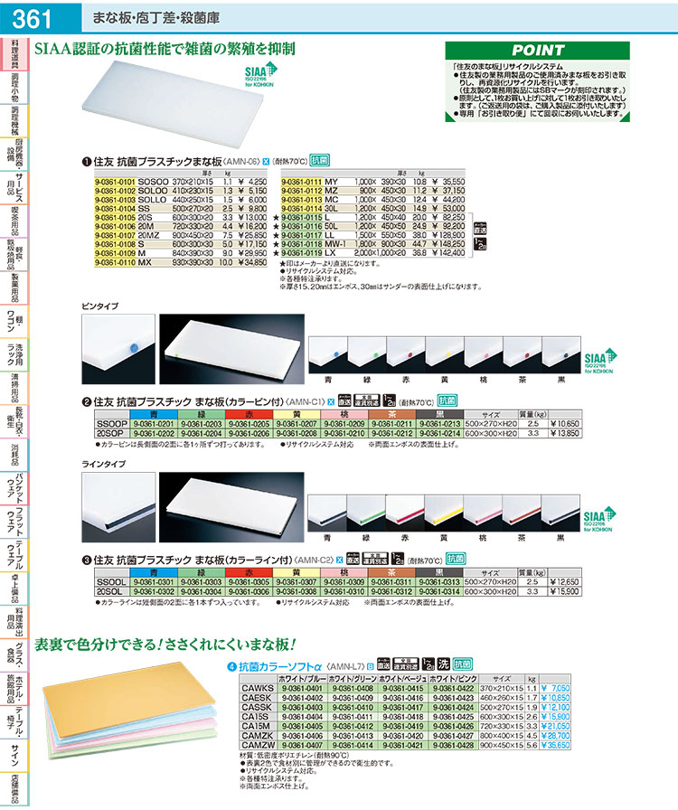 住友 抗菌プラスチックまな板 SS 500×270×H20【まな板 抗菌 業務用