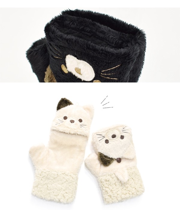 手袋 手ぶくろ ミトン ネコ 猫 指切り フィンガーレス グローブ