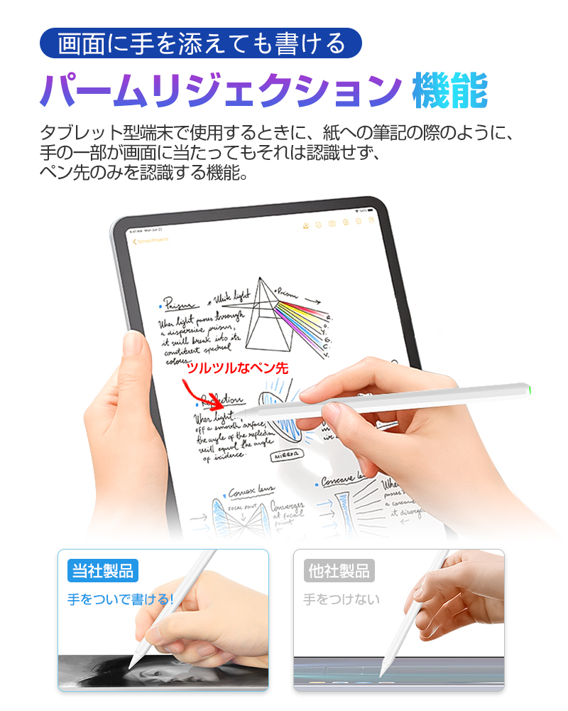 タッチペン スタイラスペン 高感度 傾き感知 iPad ペンシル 磁気吸着充電 スラスラ書ける 誤動作防止 パームリジェクション機能 交換用ペン先付き｜meiseishop｜07