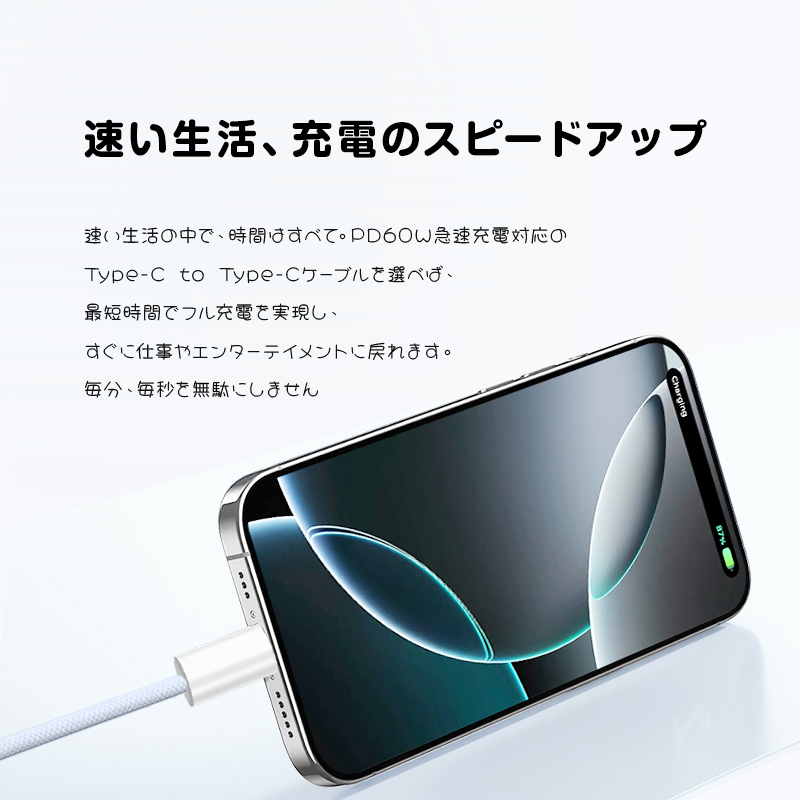 【2026最新】Type-C to Type-Cケーブル 長1m/1.5m/2m/3m PD60W急速充電 5Gbps 高速データ転送 USB3.0規格 ナイロン編 iPhone17充電【PL保険加入済み製品・安心】 関連画像4