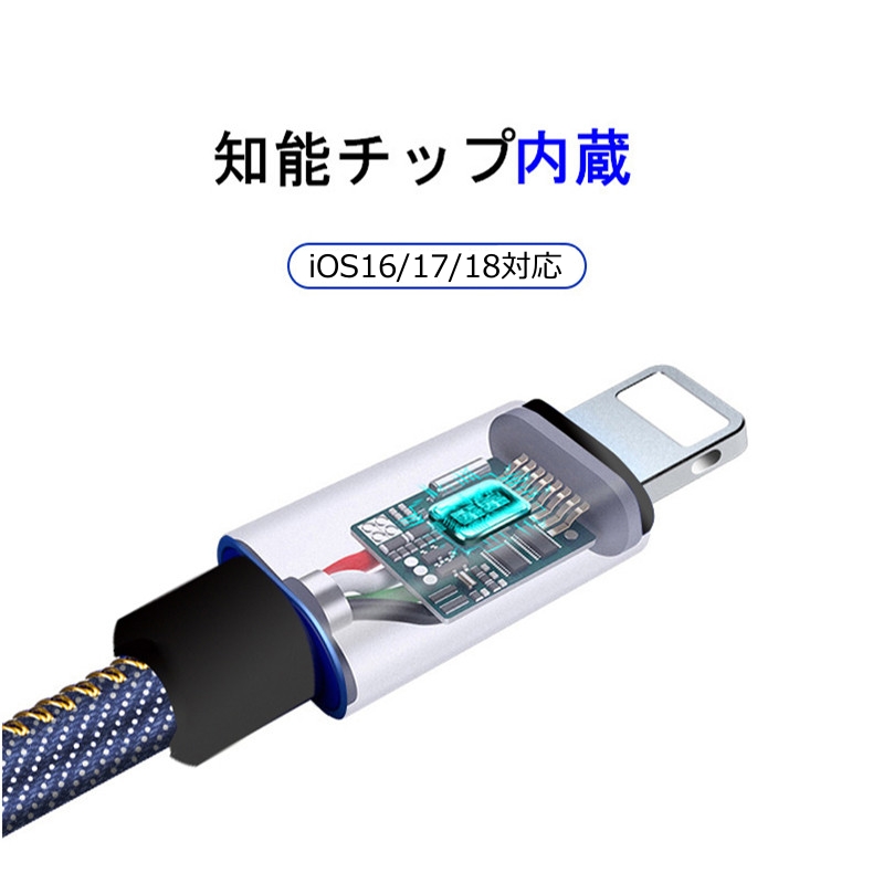 iPhoneケーブル iPad用 長さ3m 急速充電ケーブル デニム生地 収納ベルト付き モバイルバッテリー 充電器 データ転送 USBケーブル iPhone14 iPhone13 iPhone12用 | 明誠 | 11