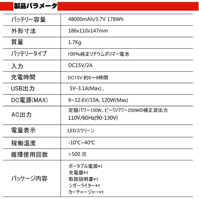 ポータブル電源 大容量48000mAh/178Wh 家庭用蓄電池 非常用電源 防災電源 PSE認証済 純正弦波 AC/DC/USB出力 3つの充電方法  電量表示 ソーラー充電 品質保証 : 684 : 明誠ショップ - 通販 - Yahoo!ショッピング