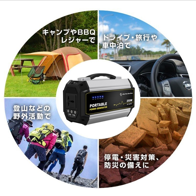 ポータブル電源 大容量67500mAh/250Wh 家庭用蓄電池 PSE認証済 防災電源 純正弦波 AC/DC/USB出力 3 つの充電方法  カーチャージャー 電量表示 ソーラー充電 : 685 : 明誠ショップ - 通販 - Yahoo!ショッピング