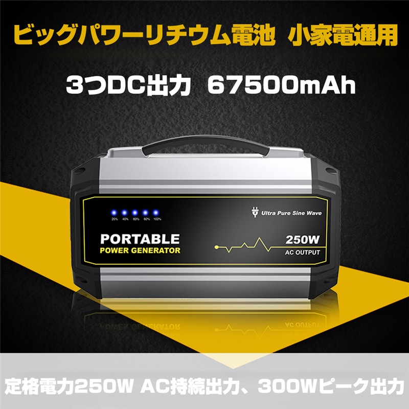 ポータブル電源 大容量67500mAh/250Wh 家庭用蓄電池 PSE認証済 純正弦