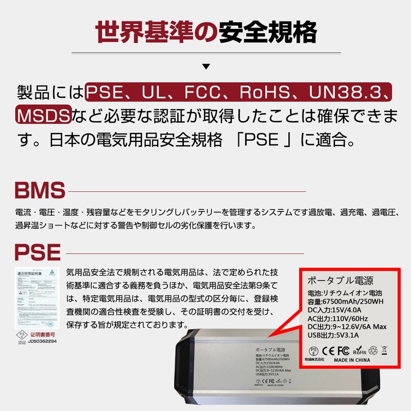 ポータブル電源 大容量67500mAh/250Wh 家庭用蓄電池 PSE認証済 防災電源 純正弦波 AC/DC/USB出力 3 つの充電方法  カーチャージャー 電量表示 ソーラー充電 : 685 : 明誠ショップ - 通販 - Yahoo!ショッピング