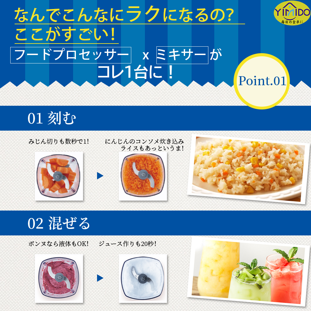 YiMiDO フードプロセッサー ミキサー ブレンダー アイス