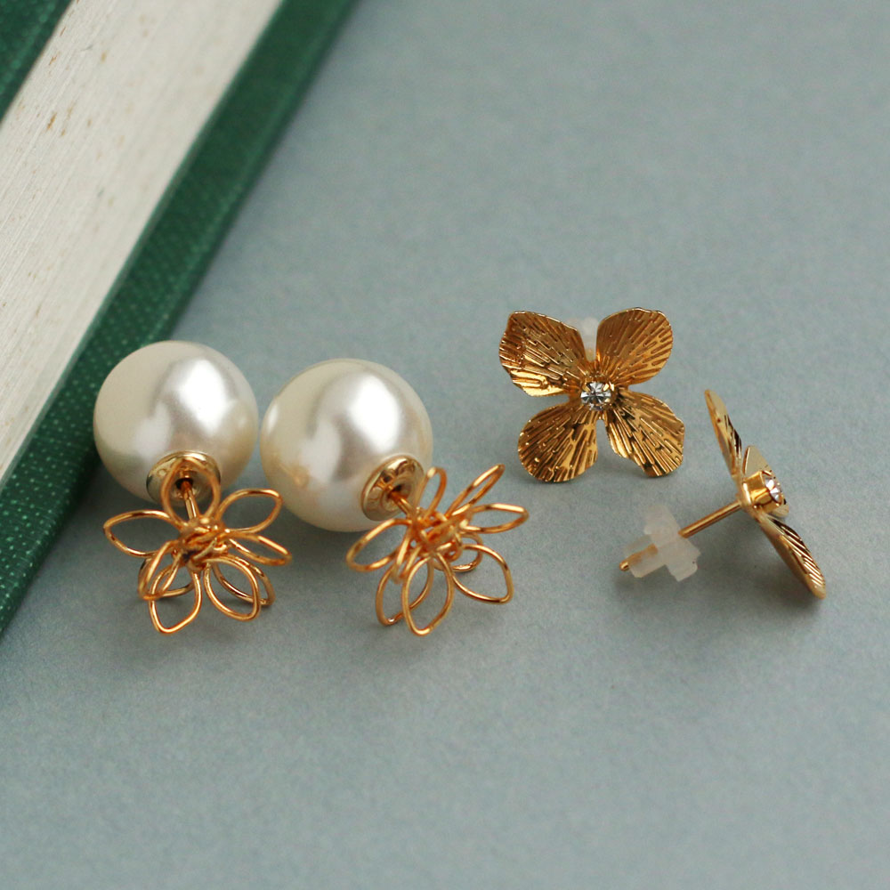 ビジュピコ　ハート型キャッチ 2way蝶々ダイヤとパールのピアス Melody Accessory ピアス 日本製 K18GP フラワー 花 パール