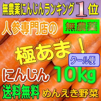 めんえき野菜 無農薬にんじん  7月6日13時頃受付終了（クール便）人参ランキング１位獲得　無農薬栽培農家の極あま無農薬にんじん（単品10kg）規格外特級品