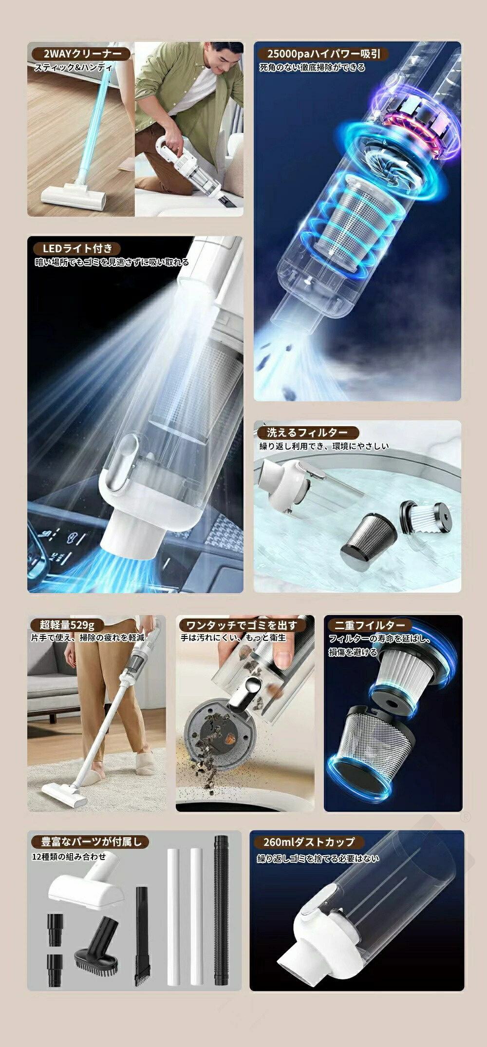 多機能コードレスクリーナーLEDライト＆5ノズル付き 新登場！ ユーザー