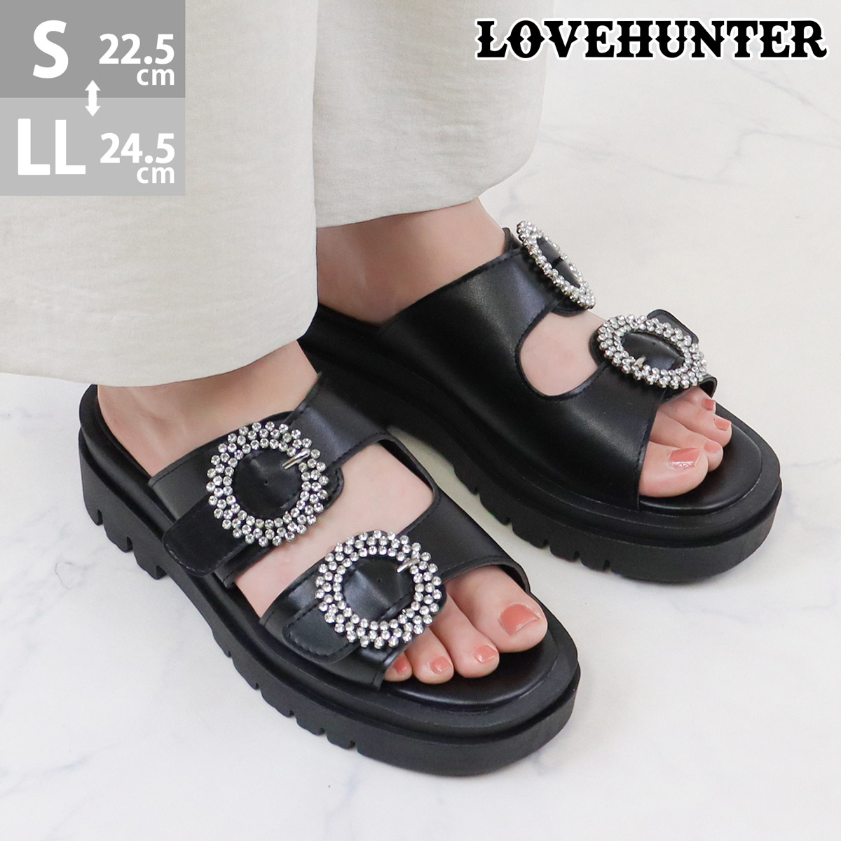 LOVEHUNTER サンダル レディース 厚底 ビジュー 黒 痛くない