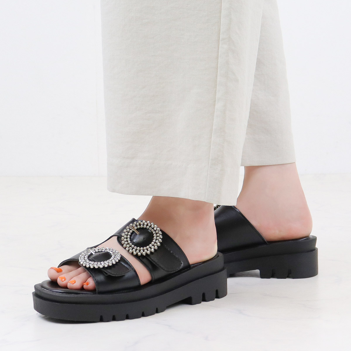LOVEHUNTER サンダル レディース 厚底 ビジュー 黒 痛くない