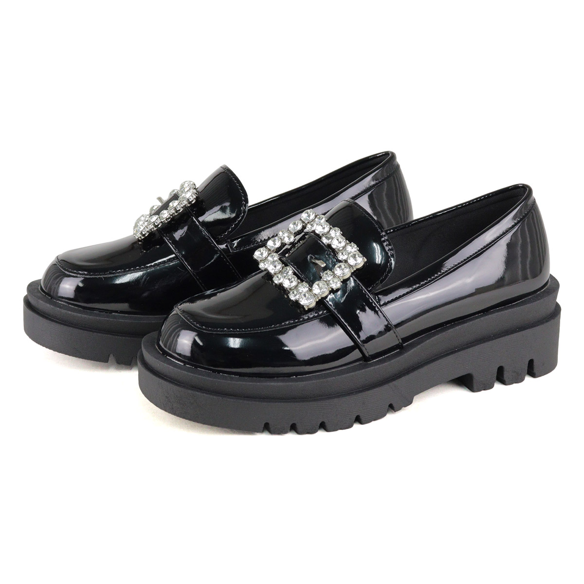 ね*ん様 ブラックパール装飾ローファー厚底 アタガール attagirl 厚底チェーンローファー （ブラックエナメル