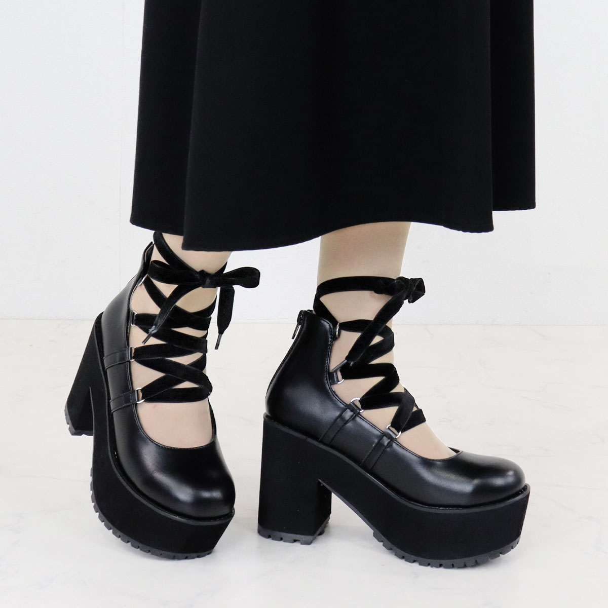 人気満点 LOVEHUNTER パンプス 厚底 10.5cmヒール リボン 編み上げ おでこ 靴