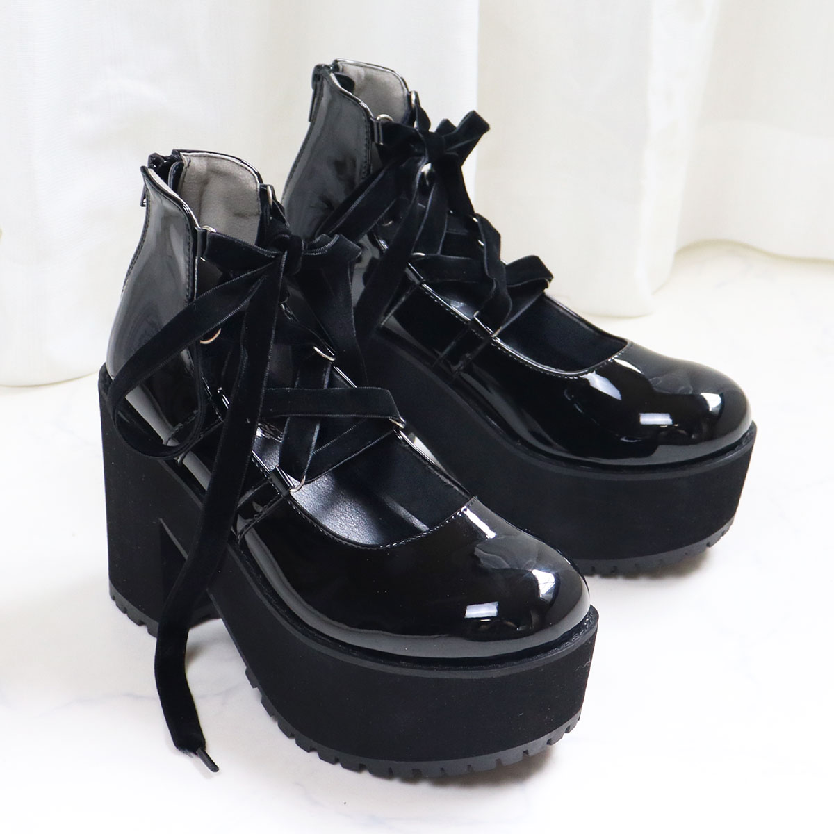 LOVEHUNTER パンプス 厚底 10.5cmヒール リボン 編み上げ おでこ