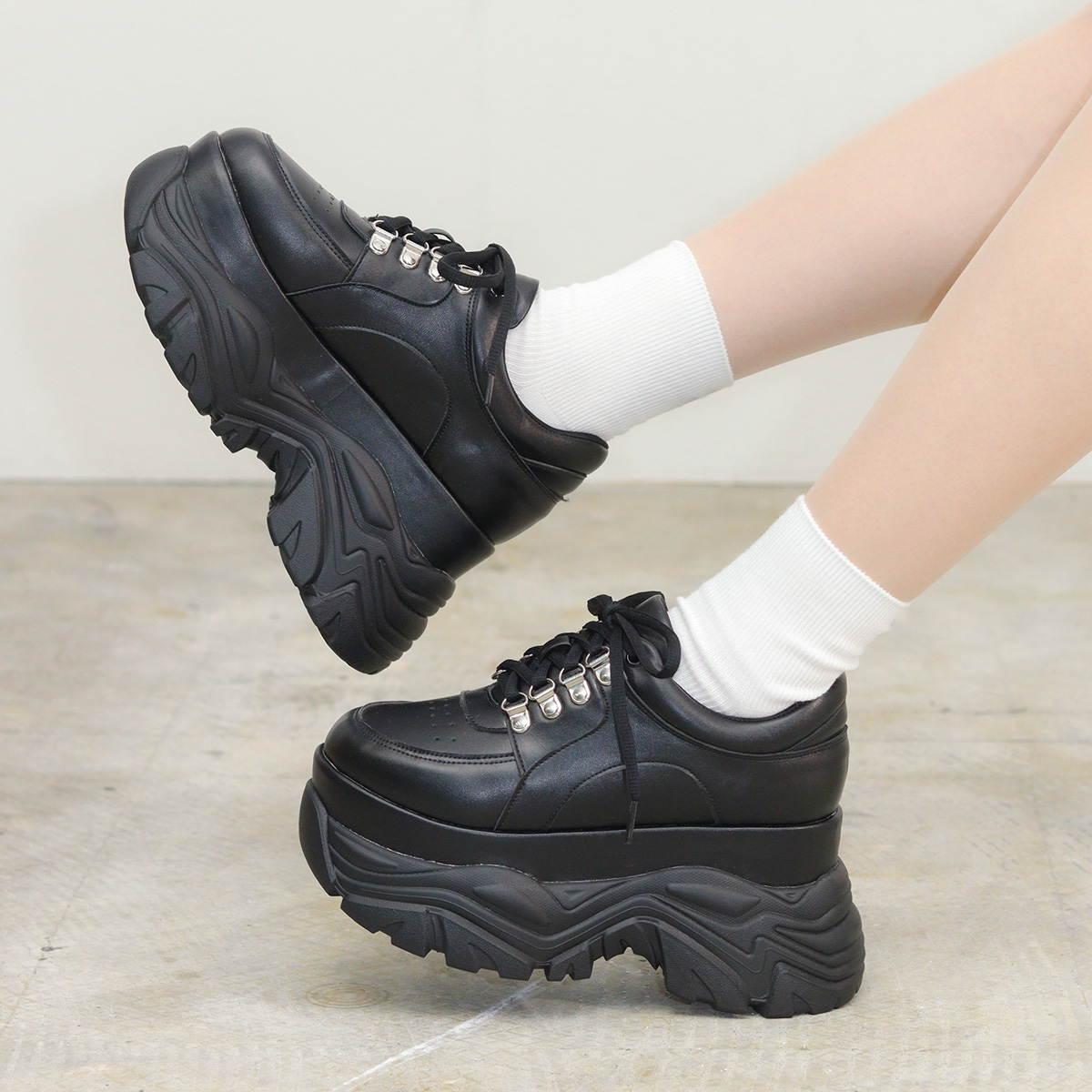 LOVEHUNTER スニーカー レディース 厚底 9.5cmヒール 黒 レザー
