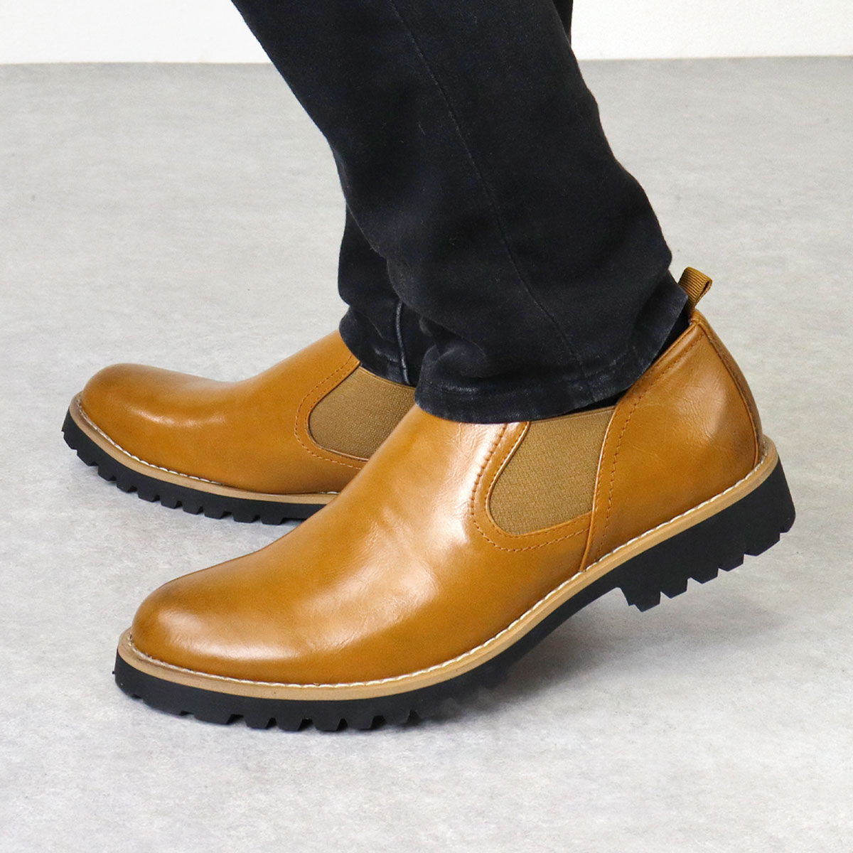 ブーツ メンズ ショート 黒 サイドゴア ヒール 3.0cm レザー 合成皮革 