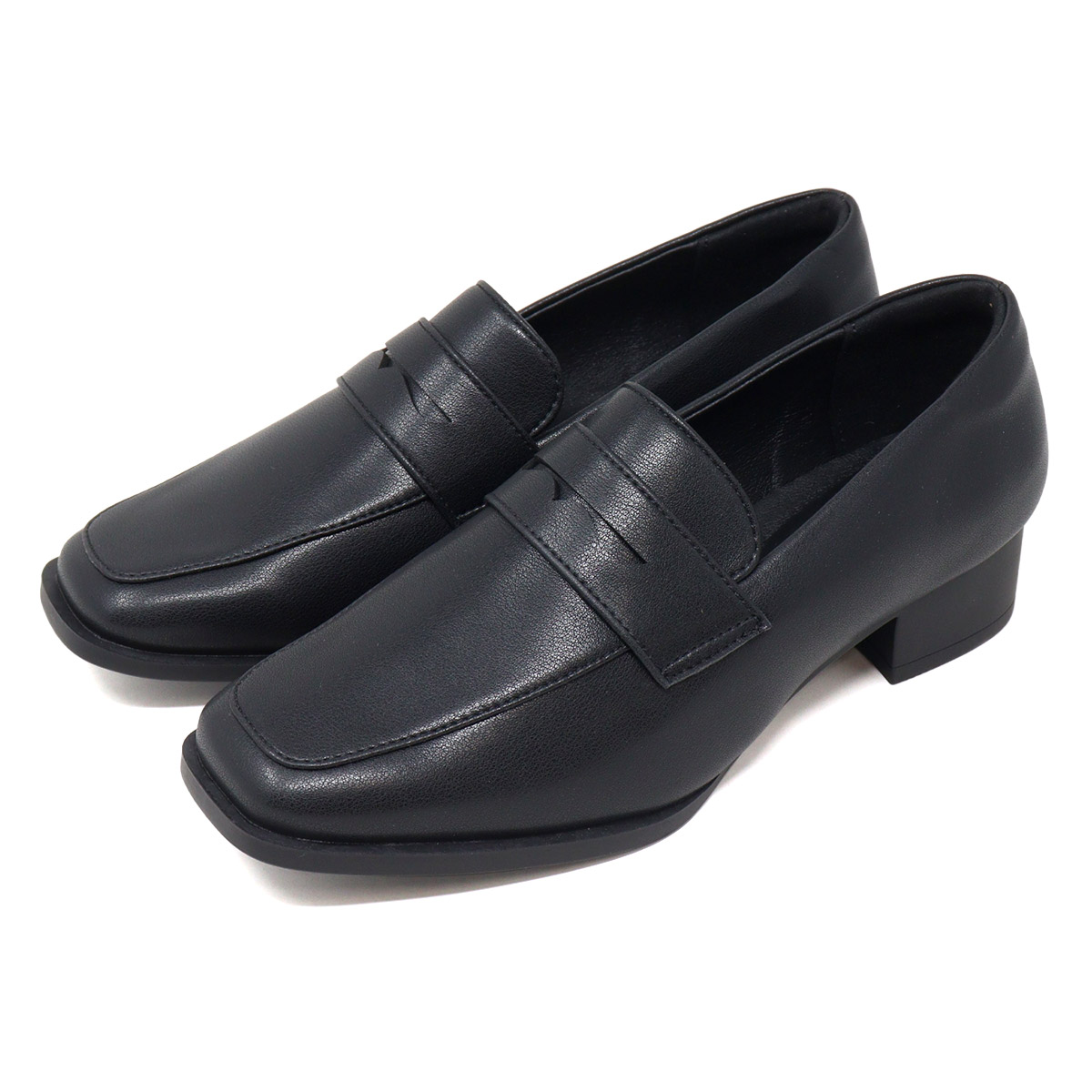 黒 レザー ローファー 約3cmヒール LO-18640(22.0cm ブラック): Lady worker（レディワーカー