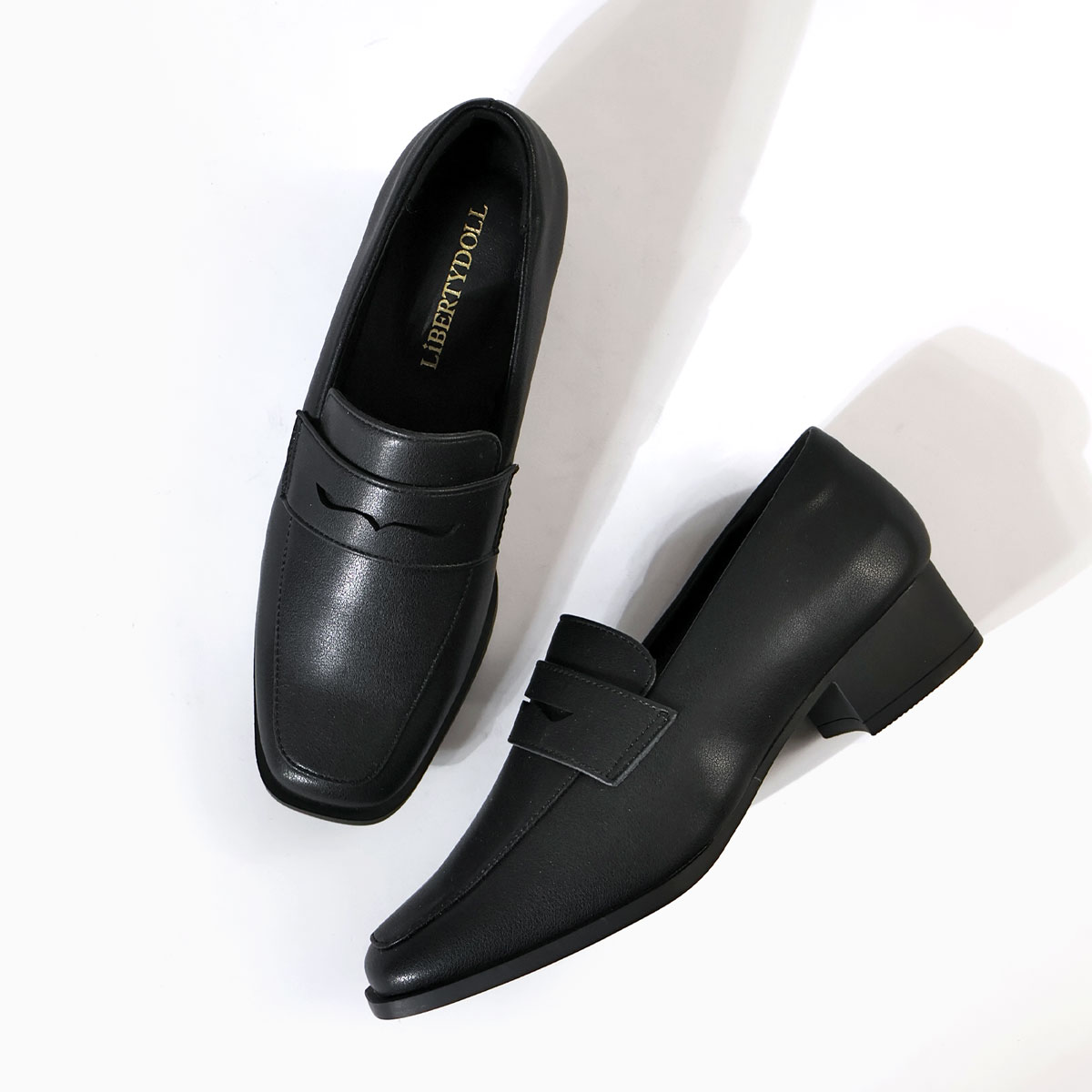 黒 レザー ローファー 約3cmヒール LO-18640(22.0cm ブラック): Lady worker（レディワーカー