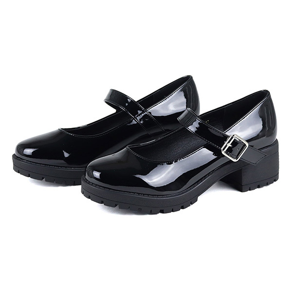 パンプス ストラップ 厚底 5cmヒール 黒 メリージェーン 革靴 レザー 