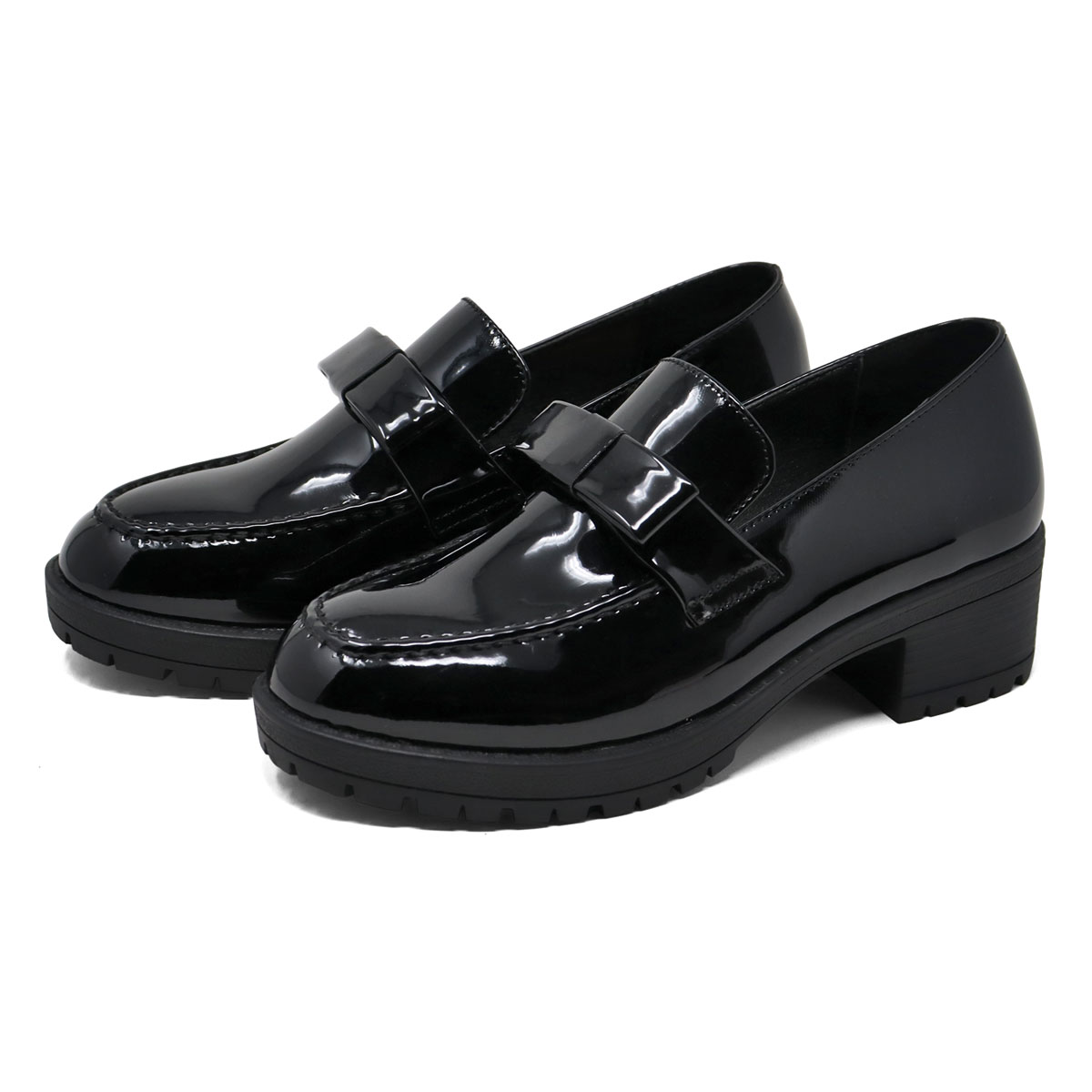 ブラックレザー ローファー ヒール5cm ALL BLACK（オールブラック） ローファー 「本革/厚底/太ヒール/5cm