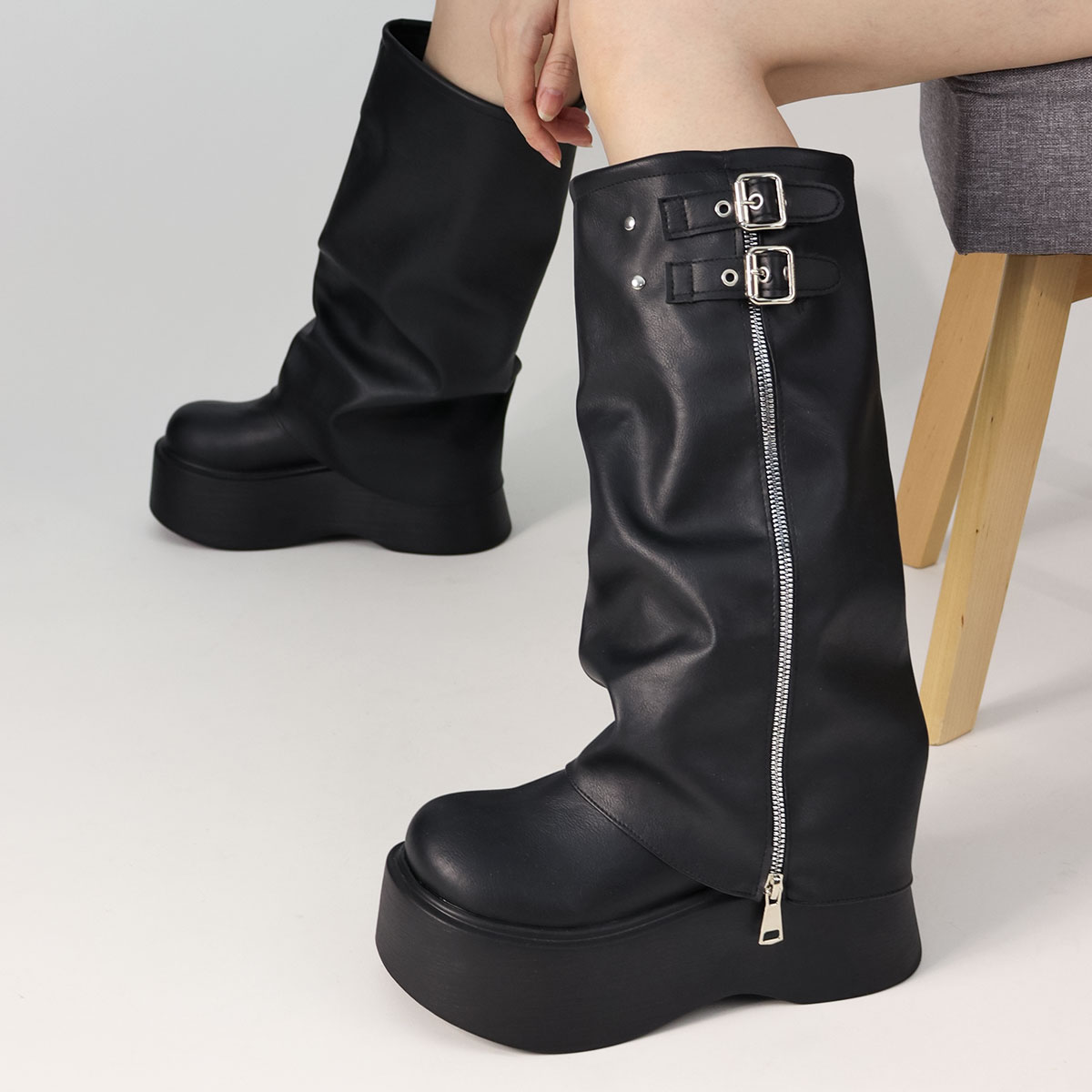 LibertyDoll カバーブーツ レディース 厚底 ジップ ベルト 7.5cm