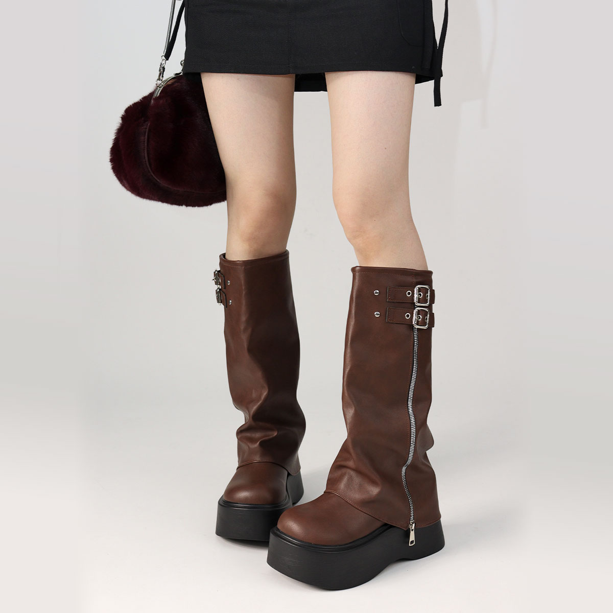 LibertyDoll カバーブーツ レディース 厚底 ジップ ベルト 7.5cm