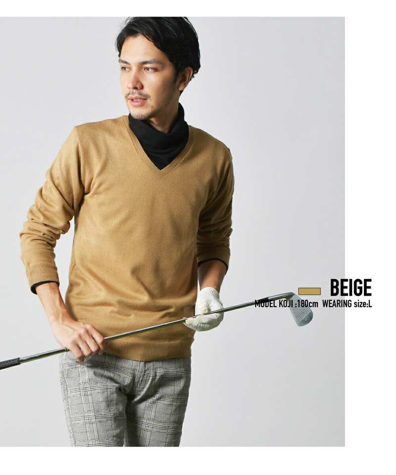 ゴルフウェア メンズ ニットセーター 滑らかソフトタッチ無地 Vネック