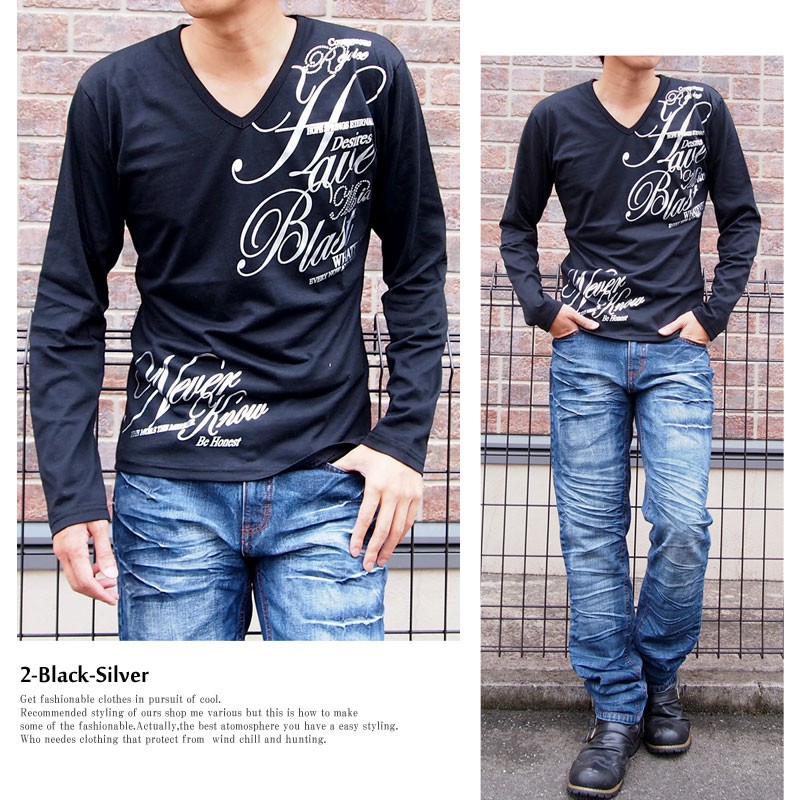 長袖Tシャツ メンズ ロングTシャツ 長袖 Vネック タイト 箔