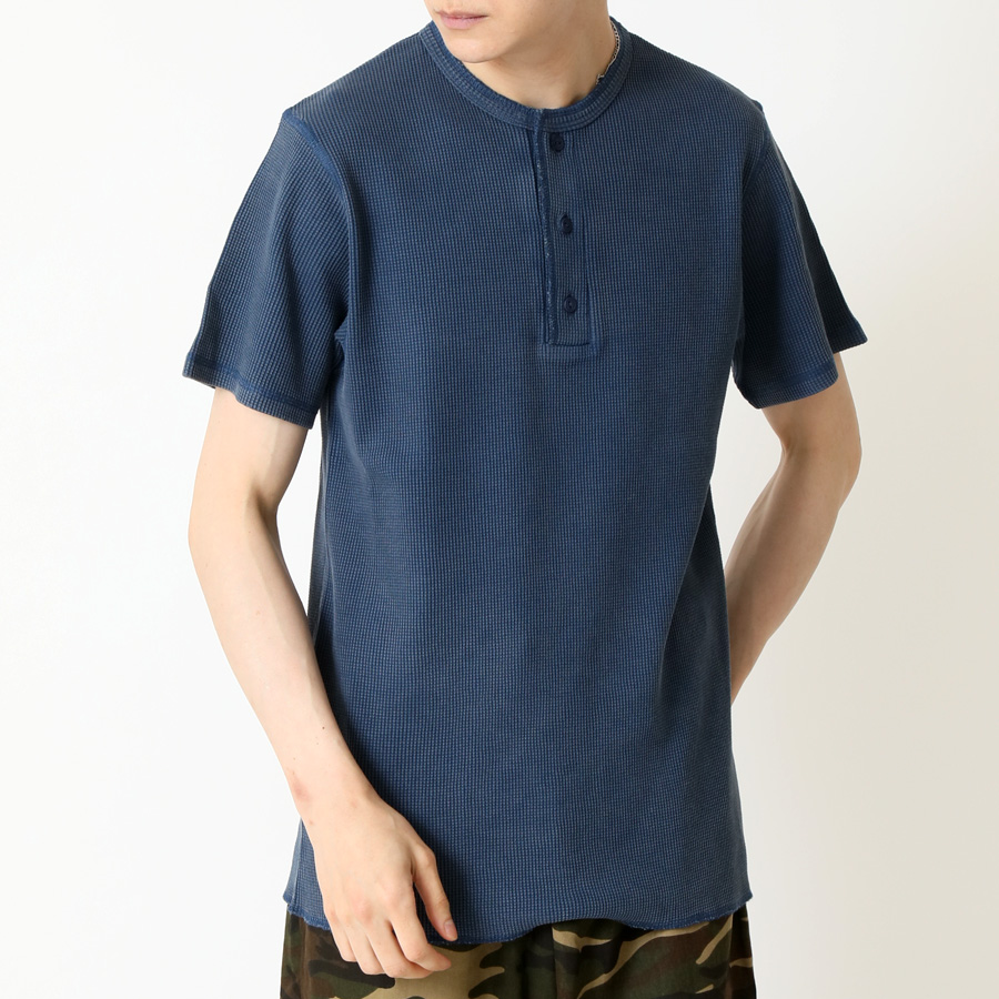ピグメント加工 サーマル 半袖Tシャツ メンズ クルーネック ヘンリー 
