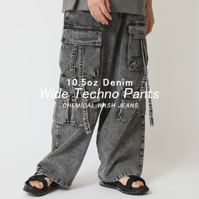テクノパンツ メンズ ワイド ジーンズ ポケットカーゴデザイン 10.5oz