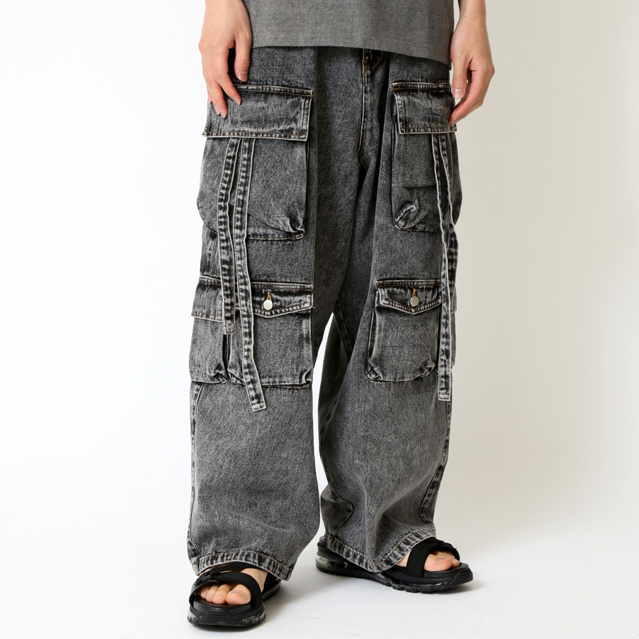 テクノパンツ メンズ ワイド ジーンズ ポケットカーゴデザイン 10.5oz