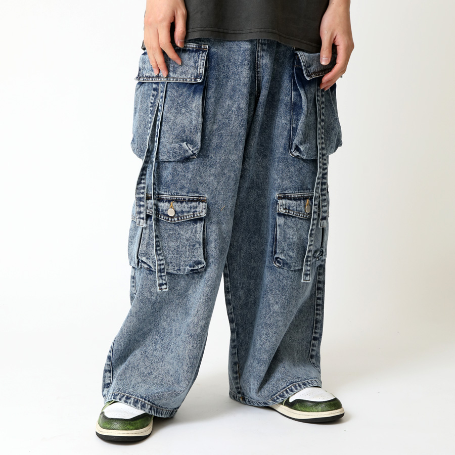 テクノパンツ メンズ ワイド ジーンズ ポケットカーゴデザイン 10.5oz